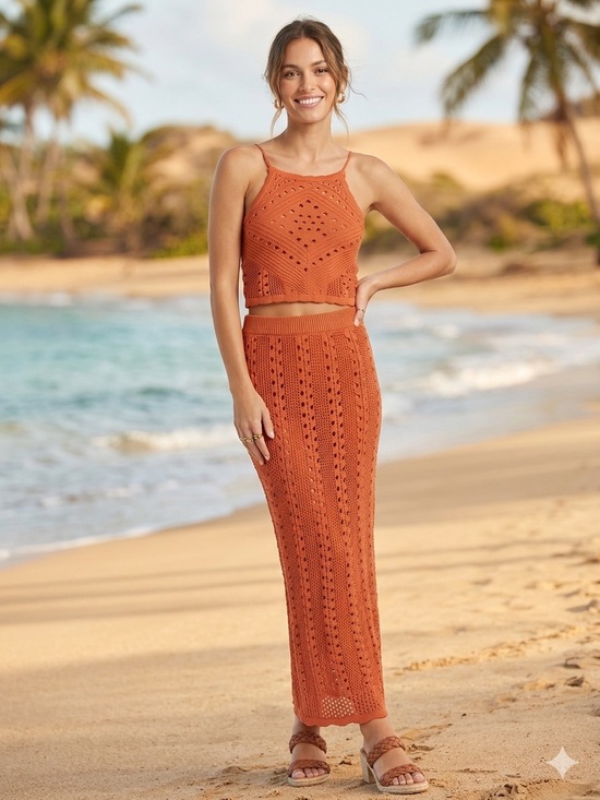 Olive & Oak Dresses & Skirts - Olive & Oak Orange Crochet 2PC Halter & Maxi Skirt Set Size S NWT